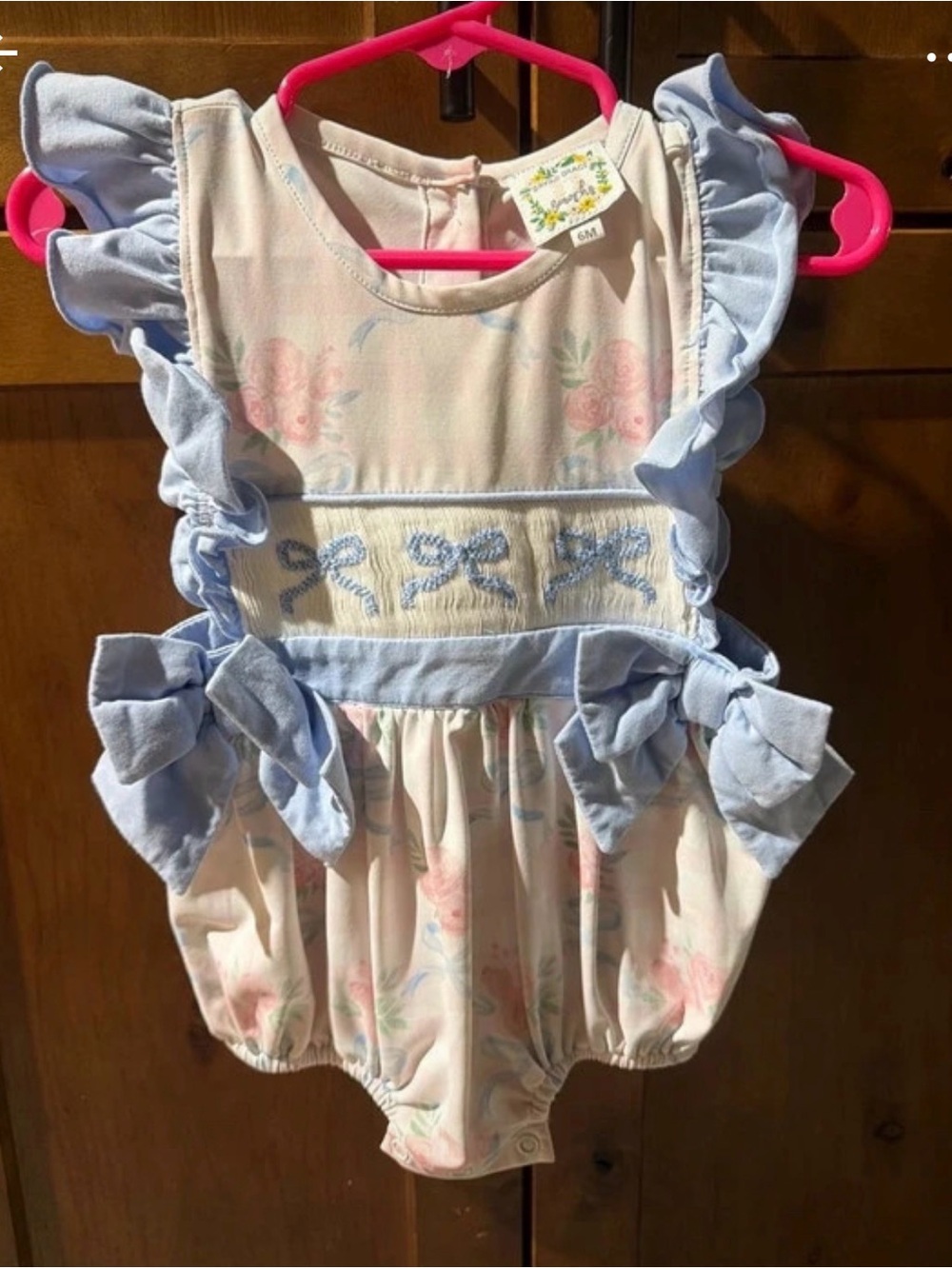 Baby Floral Bow Romper in Light Blue and Pink